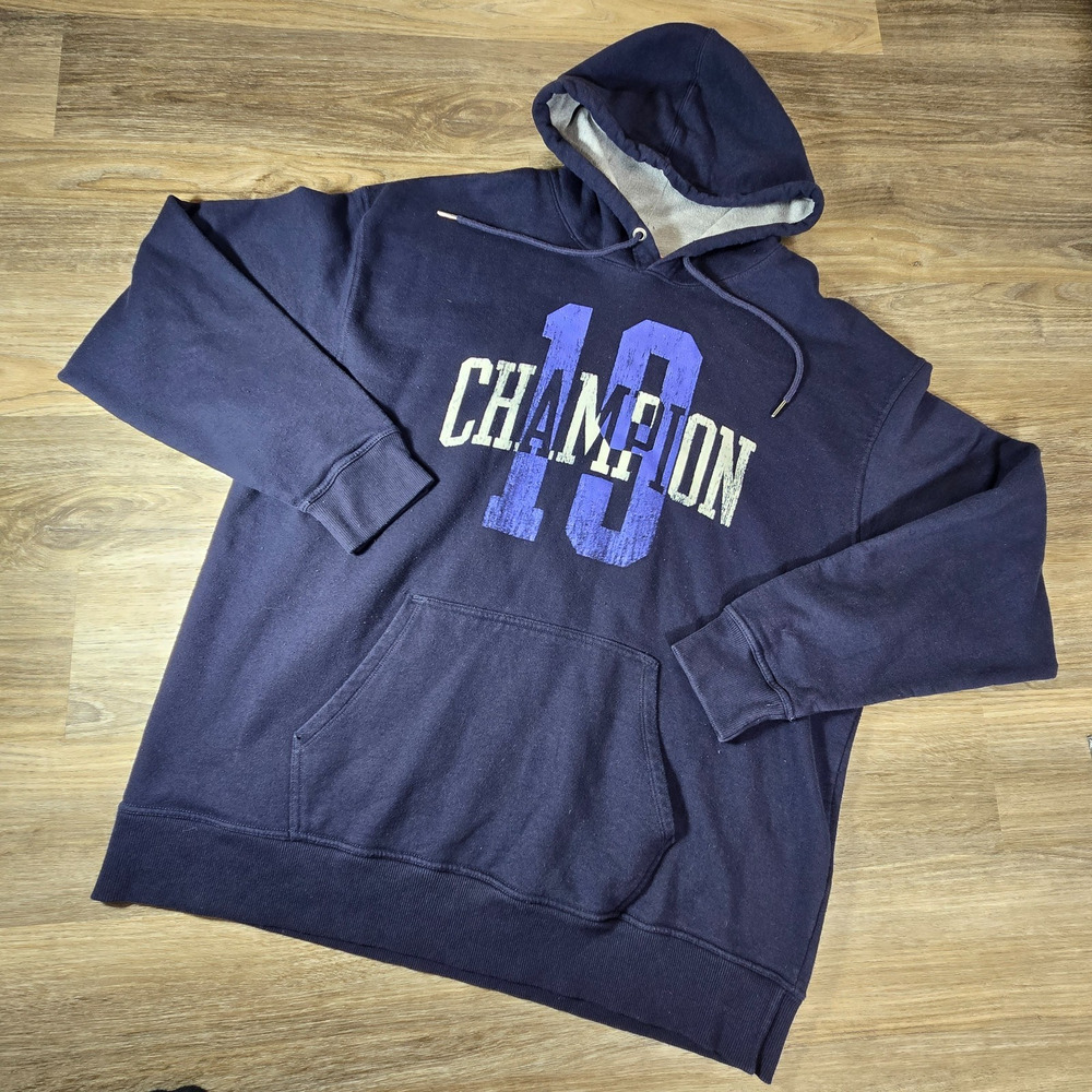 Champion Powerblend Hoodie Mens 2XL Navy Graphic Pullover Fleece Sweatshirt XXL